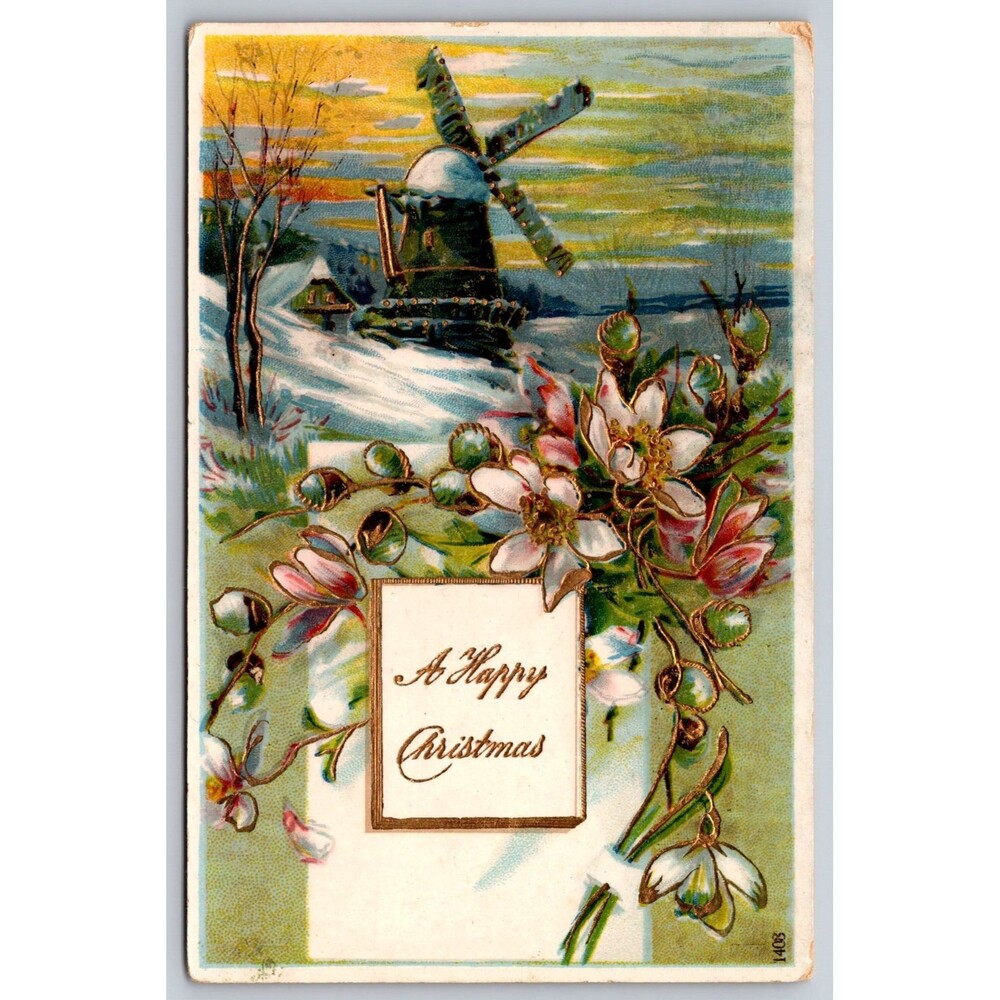 Vtg Christmas Postcard Windmill Winter Snow Scene Locke NY Cayuga County 1910s